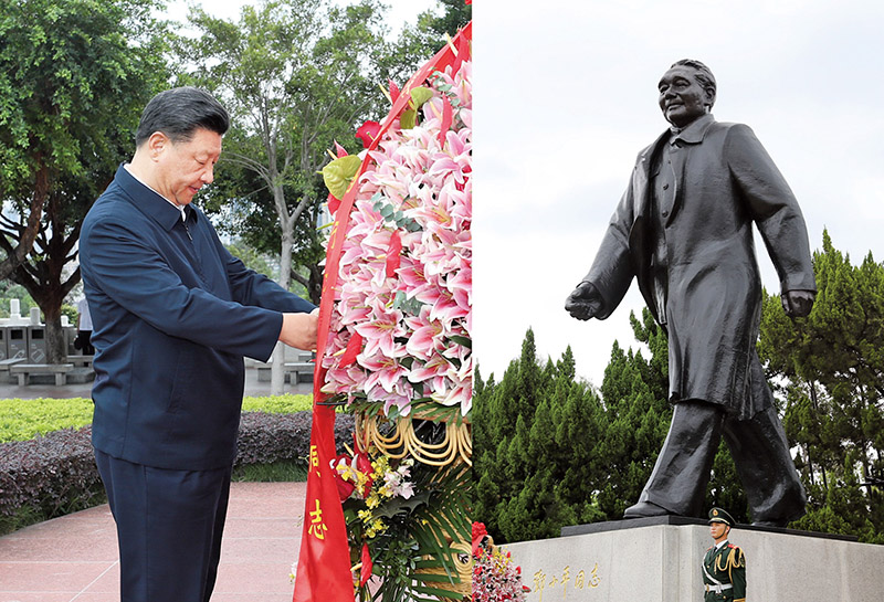 2020年10月14日，深圳經濟特區建立40周年慶祝大會在廣東省深圳市隆重舉行。中共中央總書記、國家主席、中央軍委主席習近平在會上發表重要講話。這是當天下午，習近平來到蓮花山公園，向鄧小平同志銅像敬獻花籃。 新華社記者 王曄/攝